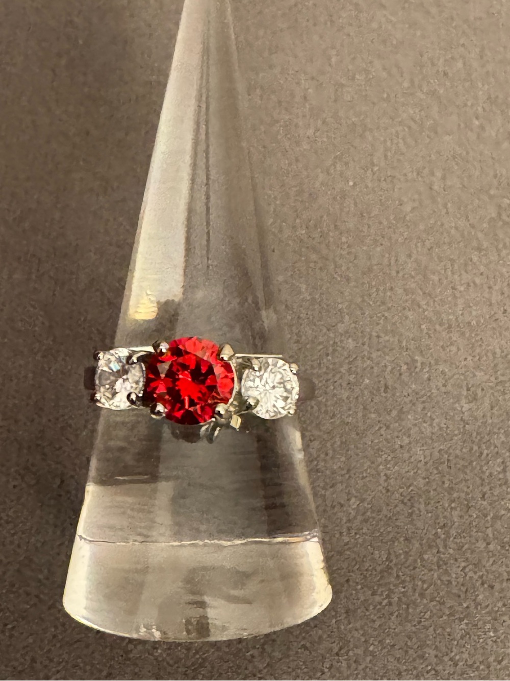 Three Stone Red Crystal Silver Tone Ring Size 7